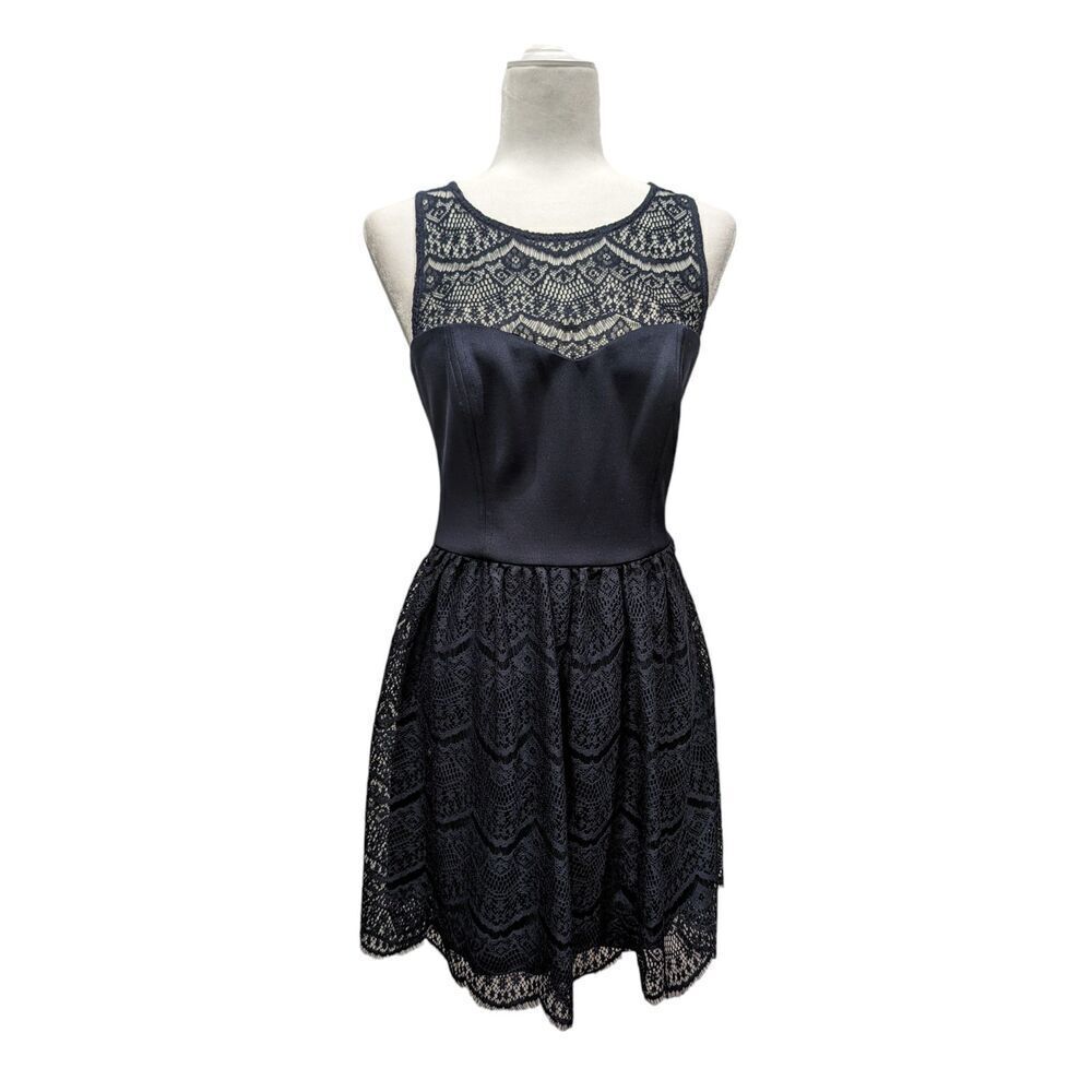 Guess Navy Blue Illusion Lace Sleeveless Sweetheart Neck Mini Dress, 6